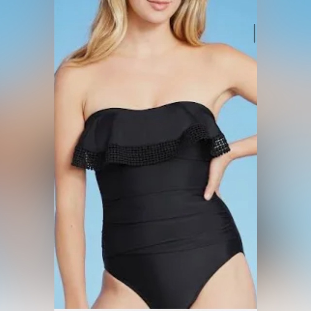 KONA SOL CROCHET FLOUNCE HIGH COVERAGE ONE PIECE SWIMSUIT BLACK WOMENS XS